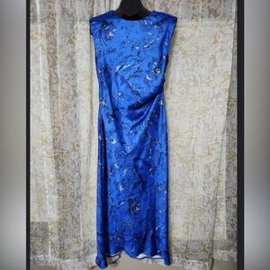 ZARA blue Asian inspired silky ruched maxi dress wedding event size Medium